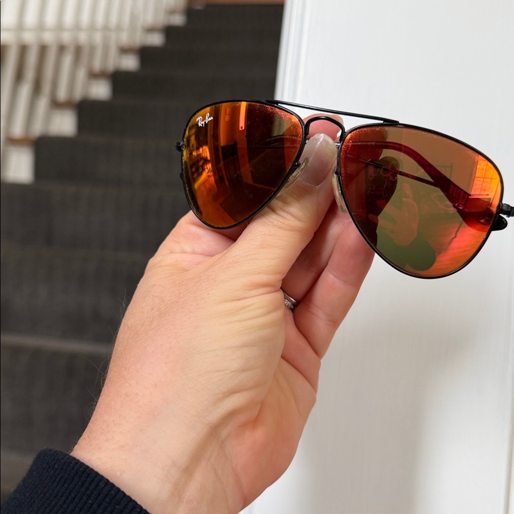 Ray-Ban Junior Kids’ Rj9506s Aviator Sunglasses Black Mirrored Red Orange Lenses - Picture 4 of 6